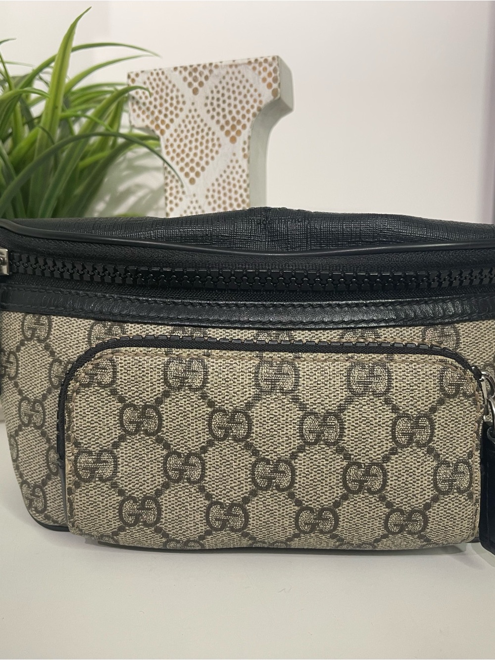 Gucci Eden Beige GG Supreme Canvas with Black Leather Belt Bag